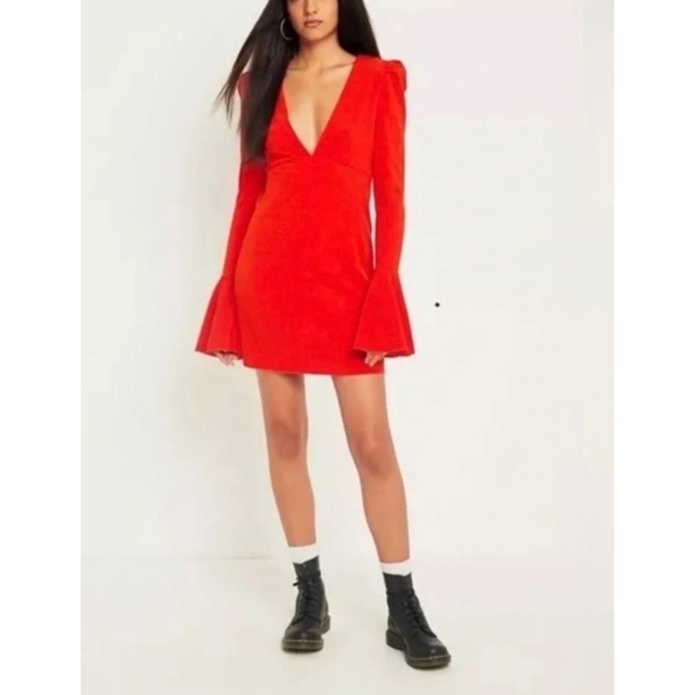 Free People Women Red Burnt Crepe V Neck Plunge Long Bell Sleeves Short Dress SP